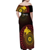 Papua New Guinea Independence Personalized Family Matching Off Shoulder Maxi Dress and Hawaiian Shirt Tapa Circle