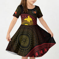 Papua New Guinea Independence Personalized Kid Short Sleeve Dress Tapa Circle LT7 KID Black - Polynesian Pride