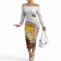 Hapi De Bilong Indipendens Papua New Guinea Off The Shoulder Long Sleeve Dress PNG Lime Pot LT7 Women White - Polynesian Pride
