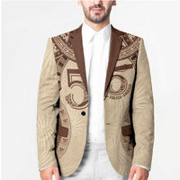 Bula Fiji Day 55th Anniversary Masi Tapa Blazer Emerald Jubilee - Beige - Polynesian Pride