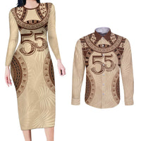 Bula Fiji Day 55th Anniversary Masi Tapa Couples Matching Long Sleeve Bodycon Dress and Long Sleeve Button Shirt Emerald Jubilee - Beige - Polynesian Pride