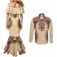 Bula Fiji Day 55th Anniversary Masi Tapa Couples Matching Mermaid Dress and Long Sleeve Button Shirt Emerald Jubilee - Beige - Polynesian Pride