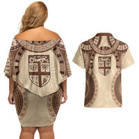 Bula Fiji Day 55th Anniversary Masi Tapa Couples Matching Off Shoulder Short Dress and Hawaiian Shirt Emerald Jubilee - Beige - Polynesian Pride