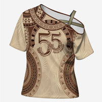 Bula Fiji Day 55th Anniversary Masi Tapa Cross Shoulder Shirt Emerald Jubilee - Beige LT7 Female Beige - Polynesian Pride