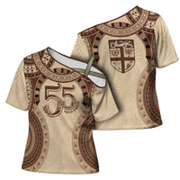 Bula Fiji Day 55th Anniversary Masi Tapa Cross Shoulder Shirt Emerald Jubilee - Beige LT7 - Polynesian Pride