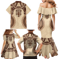 Bula Fiji Day 55th Anniversary Masi Tapa Family Matching Mermaid Dress and Hawaiian Shirt Emerald Jubilee - Beige - Polynesian Pride