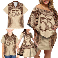 Bula Fiji Day 55th Anniversary Masi Tapa Family Matching Off Shoulder Short Dress and Hawaiian Shirt Emerald Jubilee - Beige - Polynesian Pride