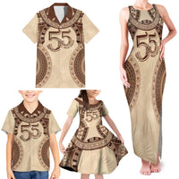 Bula Fiji Day 55th Anniversary Masi Tapa Family Matching Tank Maxi Dress and Hawaiian Shirt Emerald Jubilee - Beige - Polynesian Pride
