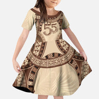 Bula Fiji Day 55th Anniversary Masi Tapa Kid Short Sleeve Dress Emerald Jubilee - Beige - Polynesian Pride