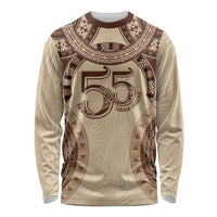 Bula Fiji Day 55th Anniversary Masi Tapa Long Sleeve Shirt Emerald Jubilee - Beige LT7 Unisex Beige - Polynesian Pride