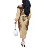 Bula Fiji Day 55th Anniversary Masi Tapa Off The Shoulder Long Sleeve Dress Emerald Jubilee - Beige - Polynesian Pride