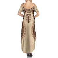 Bula Fiji Day 55th Anniversary Masi Tapa Summer Maxi Dress Emerald Jubilee - Beige - Polynesian Pride