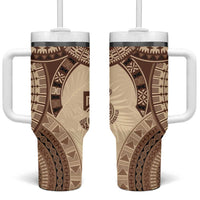 Bula Fiji Day 55th Anniversary Masi Tapa Tumbler With Handle Emerald Jubilee - Beige - Polynesian Pride
