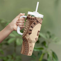 Bula Fiji Day 55th Anniversary Masi Tapa Tumbler With Handle Emerald Jubilee - Beige - Polynesian Pride