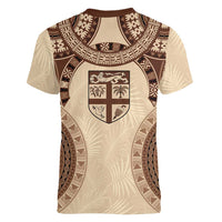 Bula Fiji Day 55th Anniversary Masi Tapa Women V-Neck T-Shirt Emerald Jubilee - Beige - Polynesian Pride
