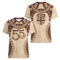 Bula Fiji Day 55th Anniversary Masi Tapa Women V-Neck T-Shirt Emerald Jubilee - Beige - Polynesian Pride