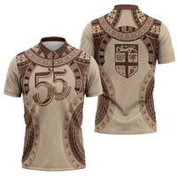 Bula Fiji Day 55th Anniversary Masi Tapa Zipper Polo Shirt Emerald Jubilee - Beige LT7 - Polynesian Pride