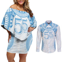 Bula Fiji Day 55th Anniversary Masi Tapa Couples Matching Off Shoulder Short Dress and Long Sleeve Button Shirt Emerald Jubilee - Turquoise - Polynesian Pride