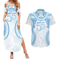 Bula Fiji Day 55th Anniversary Masi Tapa Couples Matching Summer Maxi Dress and Hawaiian Shirt Emerald Jubilee - Turquoise - Polynesian Pride