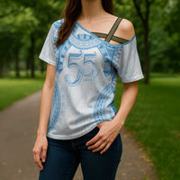 Bula Fiji Day 55th Anniversary Masi Tapa Cross Shoulder Shirt Emerald Jubilee - Turquoise LT7 - Polynesian Pride