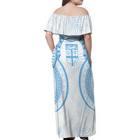 Bula Fiji Day 55th Anniversary Masi Tapa Family Matching Off Shoulder Maxi Dress and Hawaiian Shirt Emerald Jubilee - Turquoise - Polynesian Pride