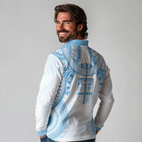 Bula Fiji Day 55th Anniversary Masi Tapa Long Sleeve Polo Shirt Emerald Jubilee - Turquoise - Polynesian Pride