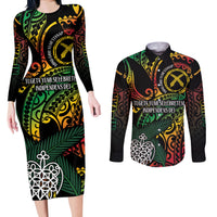Vanuatu Indipendens Dei Couples Matching Long Sleeve Bodycon Dress and Long Sleeve Button Shirt Mix Traditional Sand Drawing