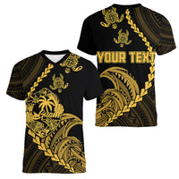 Personalised Guam Women V Neck T Shirt Tribal Turtles Curves Style - Gold LT7 - Polynesian Pride