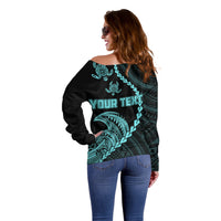 Personalised Guam Off Shoulder Sweater Tribal Turtles Curves Style - Turquoise LT7 - Polynesian Pride