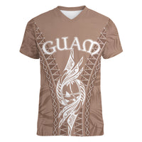 Personalised Guam Women V Neck T Shirt Chamoro Latte Stone Mix Tropical - Brown LT7 Female Brown - Polynesian Pride