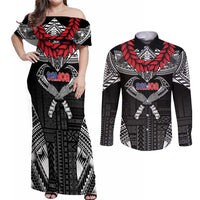 Personalized Talofa Samoa Couples Matching Off Shoulder Maxi Dress and Long Sleeve Button Shirt Ulafala With Toa Nifo'oti - Black