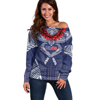 Personalized Talofa Samoa Off Shoulder Sweater Ulafala With Toa Nifo'oti - Blue