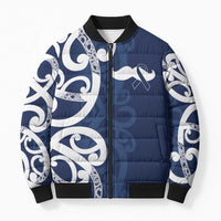 New Zealand Maori Mo Bros Bomber Puffer Jacket Blue Ribbon With Koru Kowhaiwhai - Polynesian Pride