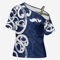 New Zealand Maori Mo Bros Cross Shoulder Shirt Blue Ribbon With Koru Kowhaiwhai - Polynesian Pride