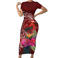 Personalized Samoa Meri Krisimasi Short Sleeve Bodycon Dress Segasegamau'u Mix Siapo LT7 Long Dress Red - Polynesian Pride