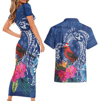 Personalized Samoa Christmas Couples Matching Short Sleeve Bodycon Dress and Hawaiian Shirt Cardinal Honeyeater Mix Siapo LT7 - Polynesian Pride