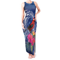 Personalized Samoa Christmas Tank Maxi Dress Cardinal Honeyeater Mix Siapo LT7 Women Blue - Polynesian Pride