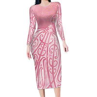 Breast Cancer Awareness Maori Long Sleeve Bodycon Dress Kia Kaha Kia Maia Kia Manawanui - Polynesian Pride