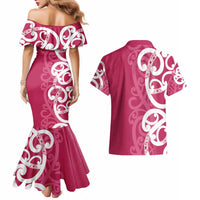 Breast Cancer Awareness Maori Couples Matching Mermaid Dress and Hawaiian Shirt Koru Kowhaiwhai - Polynesian Pride