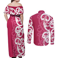 Breast Cancer Awareness Maori Couples Matching Off Shoulder Maxi Dress and Long Sleeve Button Shirt Koru Kowhaiwhai - Polynesian Pride