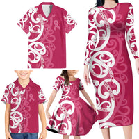 Breast Cancer Awareness Maori Family Matching Long Sleeve Bodycon Dress and Hawaiian Shirt Koru Kowhaiwhai - Polynesian Pride