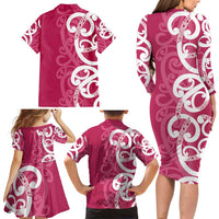 Breast Cancer Awareness Maori Family Matching Long Sleeve Bodycon Dress and Hawaiian Shirt Koru Kowhaiwhai - Polynesian Pride