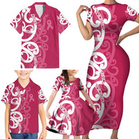 Breast Cancer Awareness Maori Family Matching Short Sleeve Bodycon Dress and Hawaiian Shirt Koru Kowhaiwhai - Polynesian Pride