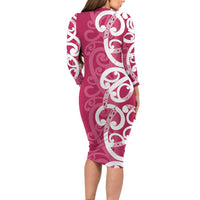 Breast Cancer Awareness Maori Long Sleeve Bodycon Dress Koru Kowhaiwhai - Polynesian Pride