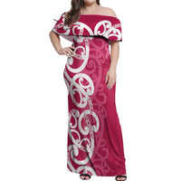 Breast Cancer Awareness Maori Off Shoulder Maxi Dress Koru Kowhaiwhai - Polynesian Pride
