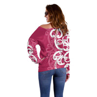 Breast Cancer Awareness Maori Off Shoulder Sweater Koru Kowhaiwhai - Polynesian Pride