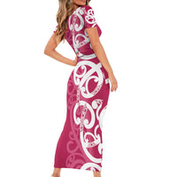 Breast Cancer Awareness Maori Short Sleeve Bodycon Dress Koru Kowhaiwhai - Polynesian Pride