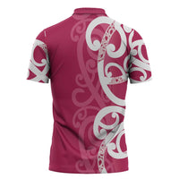Breast Cancer Awareness Maori Zipper Polo Shirt Koru Kowhaiwhai - Polynesian Pride
