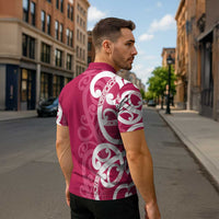 Breast Cancer Awareness Maori Zipper Polo Shirt Koru Kowhaiwhai - Polynesian Pride