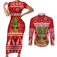 Hawaii Pineapple Christmas Couples Matching Short Sleeve Bodycon Dress and Long Sleeve Button Shirt Mele Kalikimaka LT7 Red - Polynesian Pride